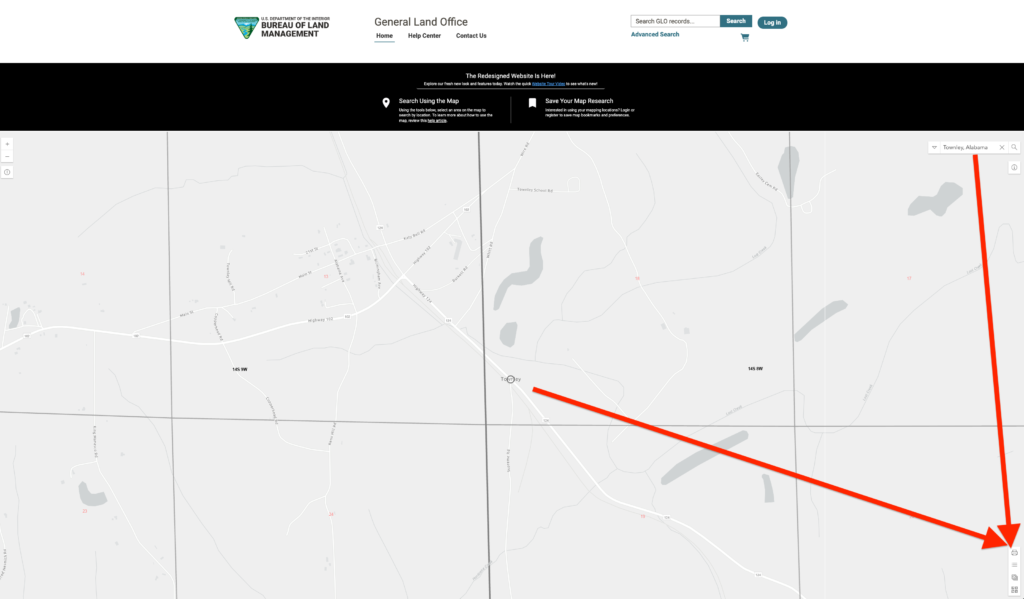 Land Patent Maps. Screenshots of the Bureau of Land Management General Land Office online map interface showing a grid section highlighted in blue with interactive pop-up menus and layer settings.