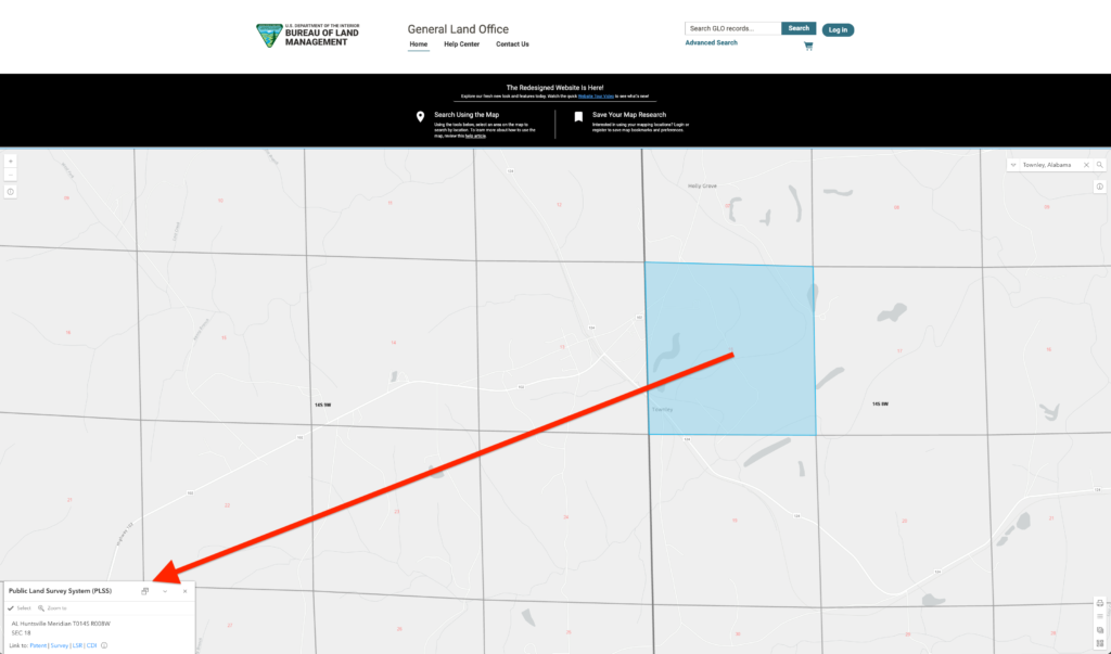 Land Patent Maps. Screenshots of the Bureau of Land Management General Land Office online map interface showing a grid section highlighted in blue with interactive pop-up menus and layer settings.