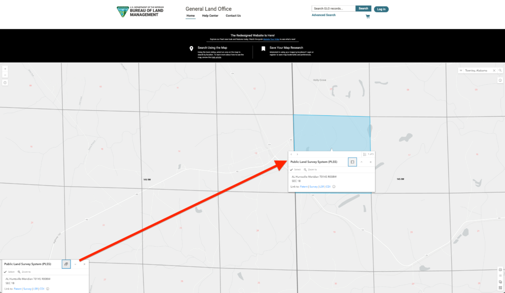 Land Patent Maps. Screenshots of the Bureau of Land Management General Land Office online map interface showing a grid section highlighted in blue with interactive pop-up menus and layer settings.
