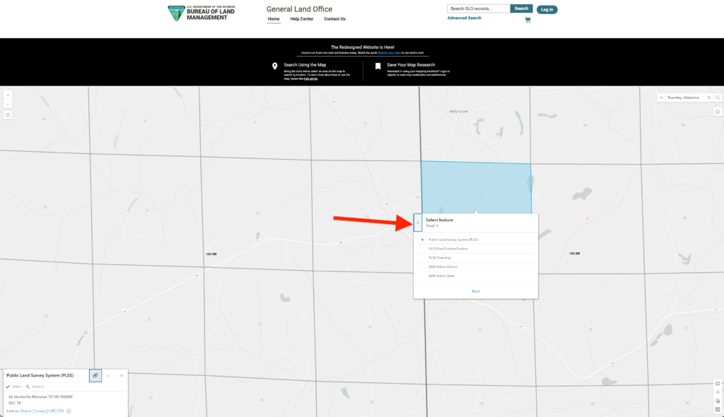 Land Patent Maps. Screenshots of the Bureau of Land Management General Land Office online map interface showing a grid section highlighted in blue with interactive pop-up menus and layer settings.