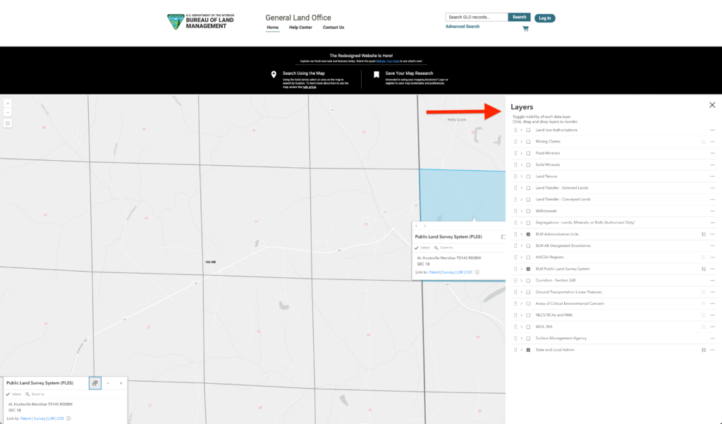 Land Patent Maps. Screenshots of the Bureau of Land Management General Land Office online map interface showing a grid section highlighted in blue with interactive pop-up menus and layer settings.