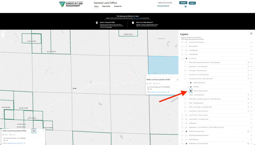 Land Patent Maps. Screenshots of the Bureau of Land Management General Land Office online map interface showing a grid section highlighted in blue with interactive pop-up menus and layer settings.