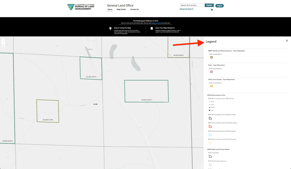 Land Patent Maps. Screenshots of the Bureau of Land Management General Land Office online map interface showing a grid section highlighted in blue with interactive pop-up menus and layer settings.