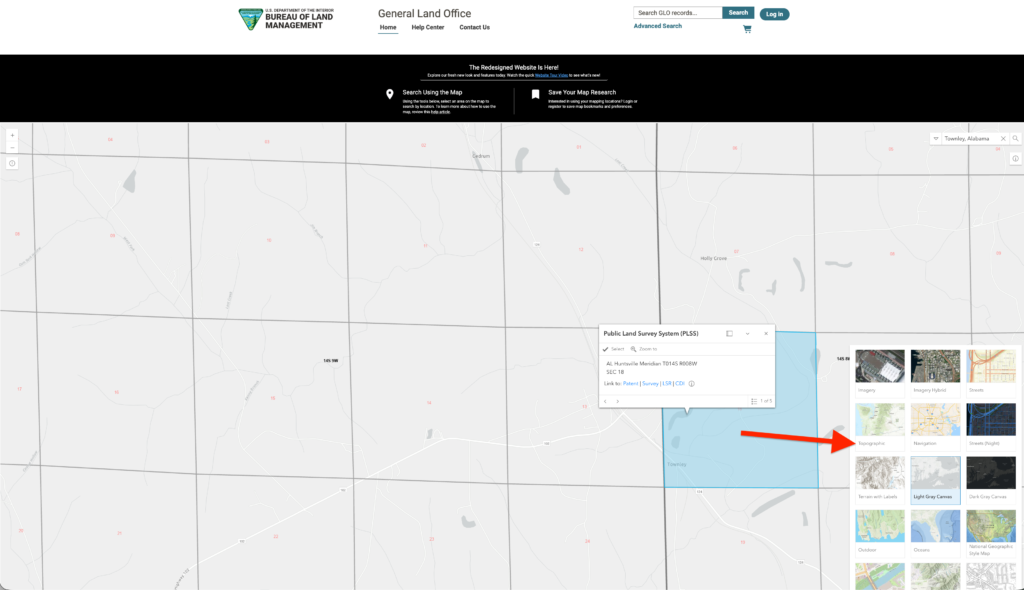Land Patent Maps. Screenshots of the Bureau of Land Management General Land Office online map interface showing a grid section highlighted in blue with interactive pop-up menus and layer settings.