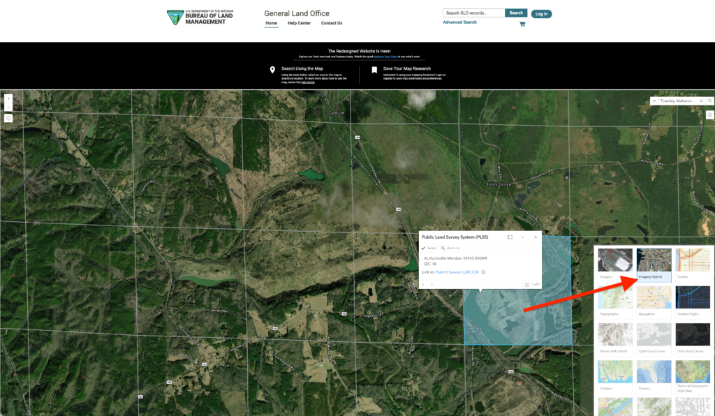 Land Patent Maps. Screenshots of the Bureau of Land Management General Land Office online map interface showing a grid section highlighted in blue with interactive pop-up menus and layer settings.