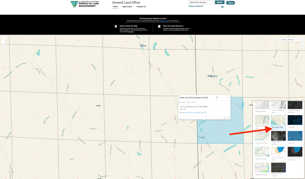 Land Patent Maps. Screenshots of the Bureau of Land Management General Land Office online map interface showing a grid section highlighted in blue with interactive pop-up menus and layer settings.