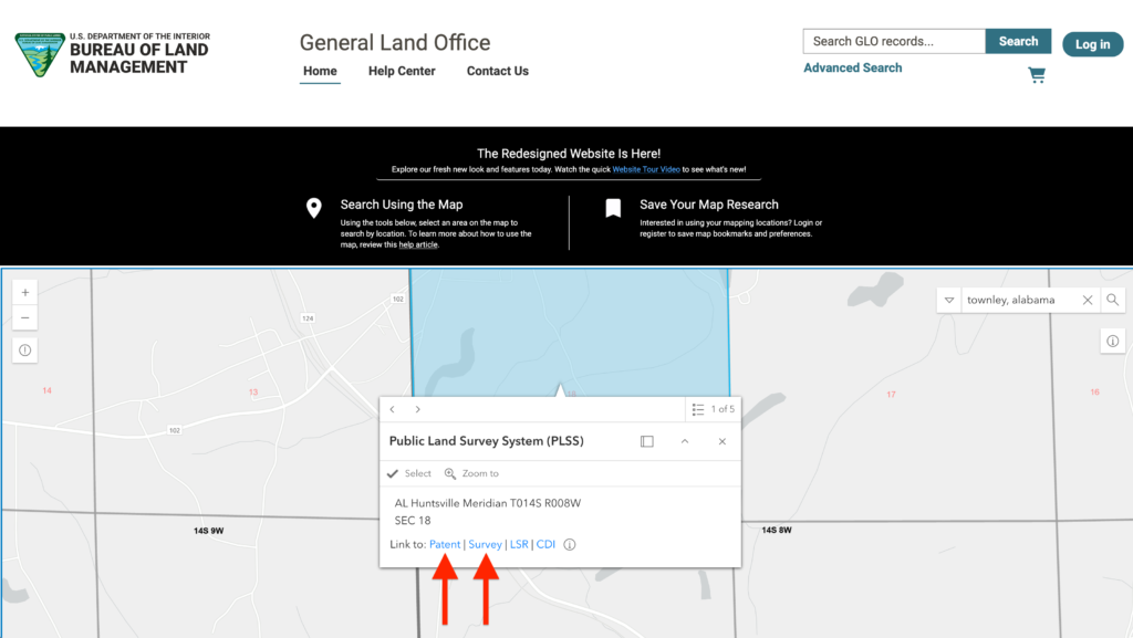 Land Patent Maps. Screenshots of the Bureau of Land Management General Land Office online map interface showing a grid section highlighted in blue with interactive pop-up menus and layer settings.